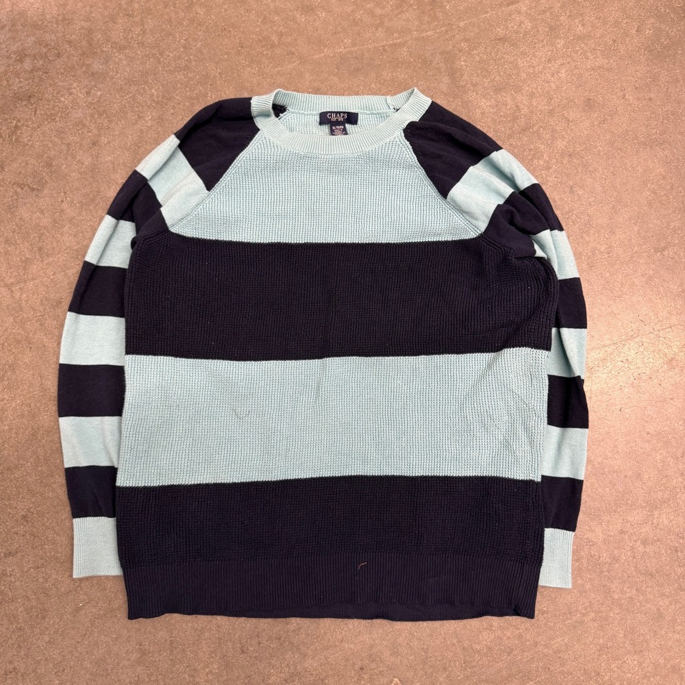 Chaps Mens XL Blue Navy Striped Waffle Knit Cotton Raglan Crewneck Sweater